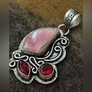925 sterling silver pink RHODOCHROSITE and red garnet pendant necklace fashion